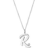 Olas d'Oro - 14K White Gold Script 'R' Pendant Necklace with Diamond Bezel - 0.02 Carat Diamond