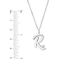 Olas d'Oro - 14K White Gold Script 'R' Pendant Necklace with Diamond Bezel - 0.02 Carat Diamond