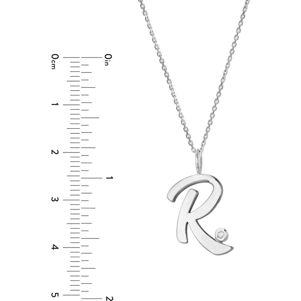 Olas d'Oro - 14K White Gold Script 'R' Pendant Necklace with Diamond Bezel - 0.02 Carat Diamond