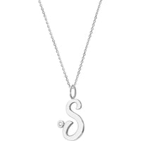 Olas d'Oro - 14K White Gold Script 'S' Pendant Necklace with Bezel Set Diamond - 0.02 Carat Total Diamond Weight