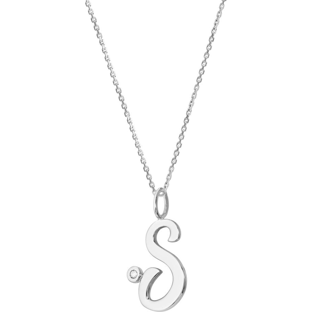 Olas d'Oro - 14K White Gold Script 'S' Pendant Necklace with Bezel Set Diamond - 0.02 Carat Total Diamond Weight