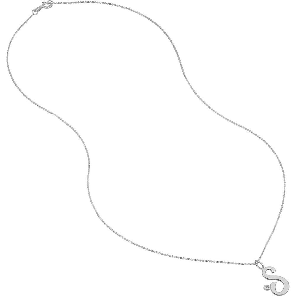 Olas d'Oro - 14K White Gold Script 'S' Pendant Necklace with Bezel Set Diamond - 0.02 Carat Total Diamond Weight