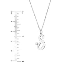 Olas d'Oro - 14K White Gold Script 'S' Pendant Necklace with Bezel Set Diamond - 0.02 Carat Total Diamond Weight