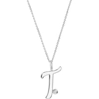 Olas d'Oro - 14K White Gold Script 'T' Pendant Necklace with Bezel-Set Diamond 0.02 Carat
