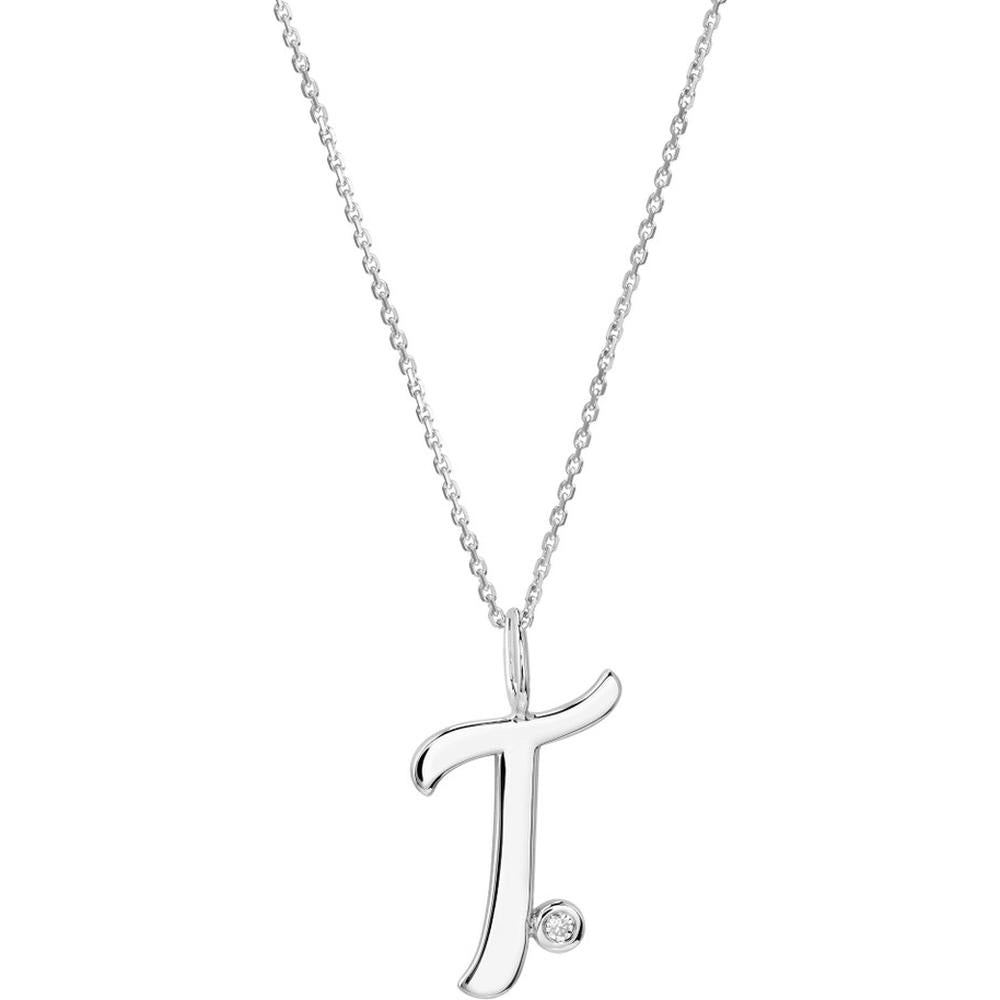 Olas d'Oro - 14K White Gold Script 'T' Pendant Necklace with Bezel-Set Diamond 0.02 Carat
