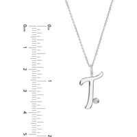 Olas d'Oro - 14K White Gold Script 'T' Pendant Necklace with Bezel-Set Diamond 0.02 Carat