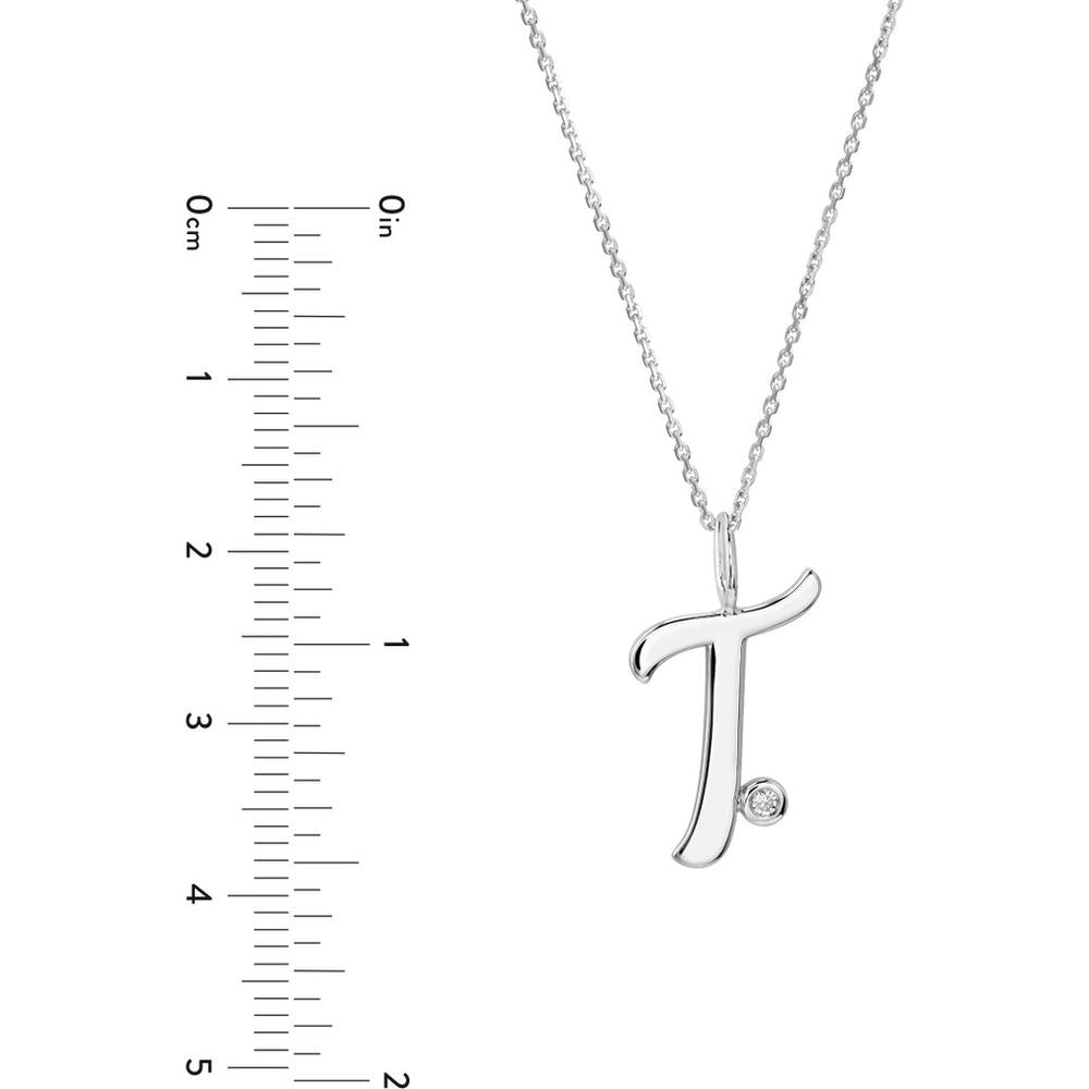 Olas d'Oro - 14K White Gold Script 'T' Pendant Necklace with Bezel-Set Diamond 0.02 Carat