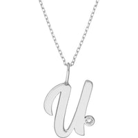 Olas d'Oro - 14K White Gold Script 'U' Pendant Necklace with Bezel-Set Diamond - 0.02 Carat Total Diamond Weight