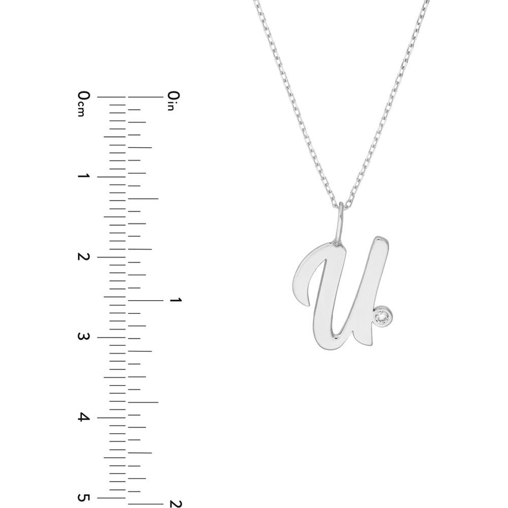 Olas d'Oro - 14K White Gold Script 'U' Pendant Necklace with Bezel-Set Diamond - 0.02 Carat Total Diamond Weight
