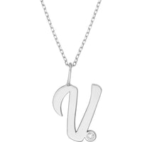 Olas d'Oro - 14K White Gold Script 'V' Necklace with Diamond Bezel - 0.02 Carat Total Diamond Weight