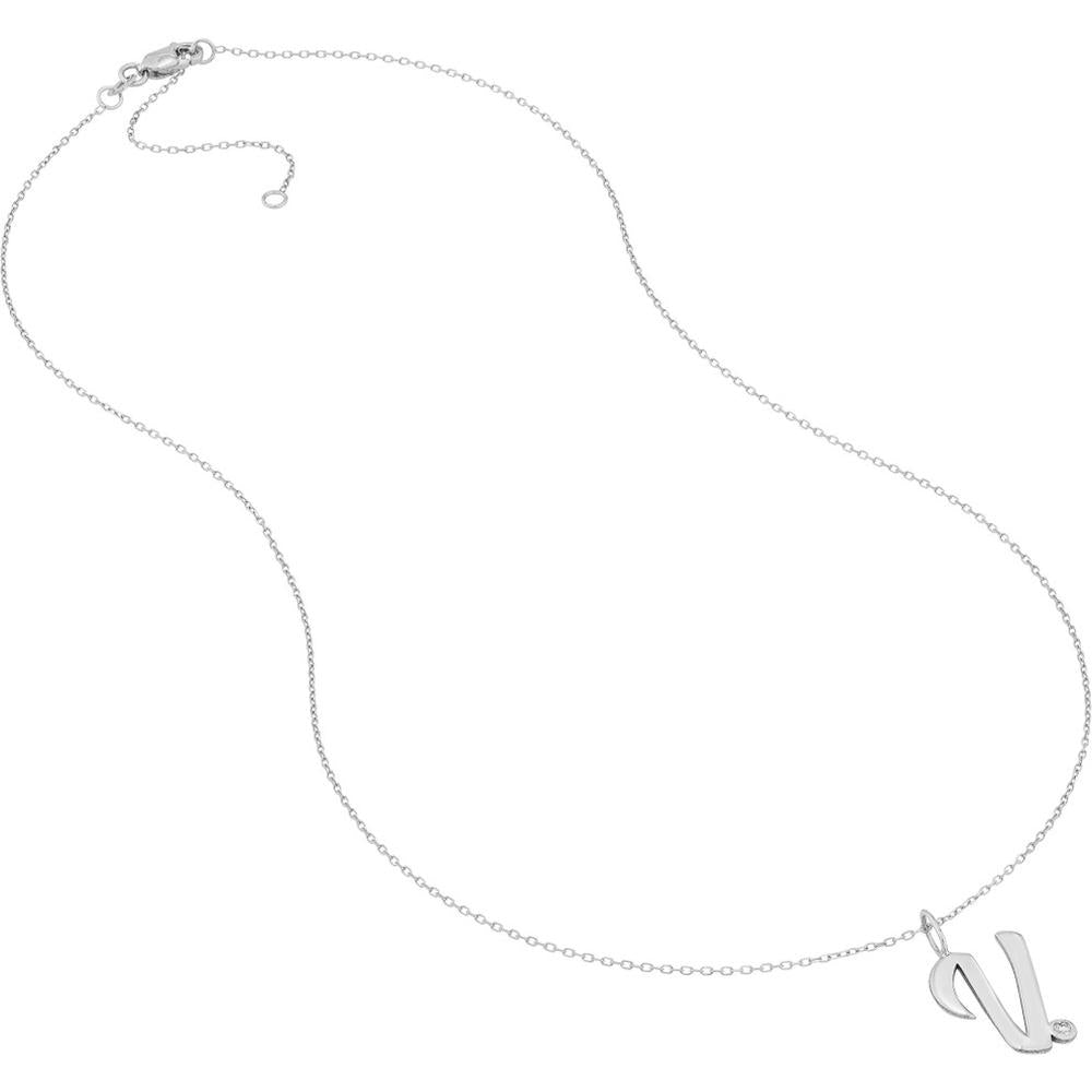 Olas d'Oro - 14K White Gold Script 'V' Necklace with Diamond Bezel - 0.02 Carat Total Diamond Weight