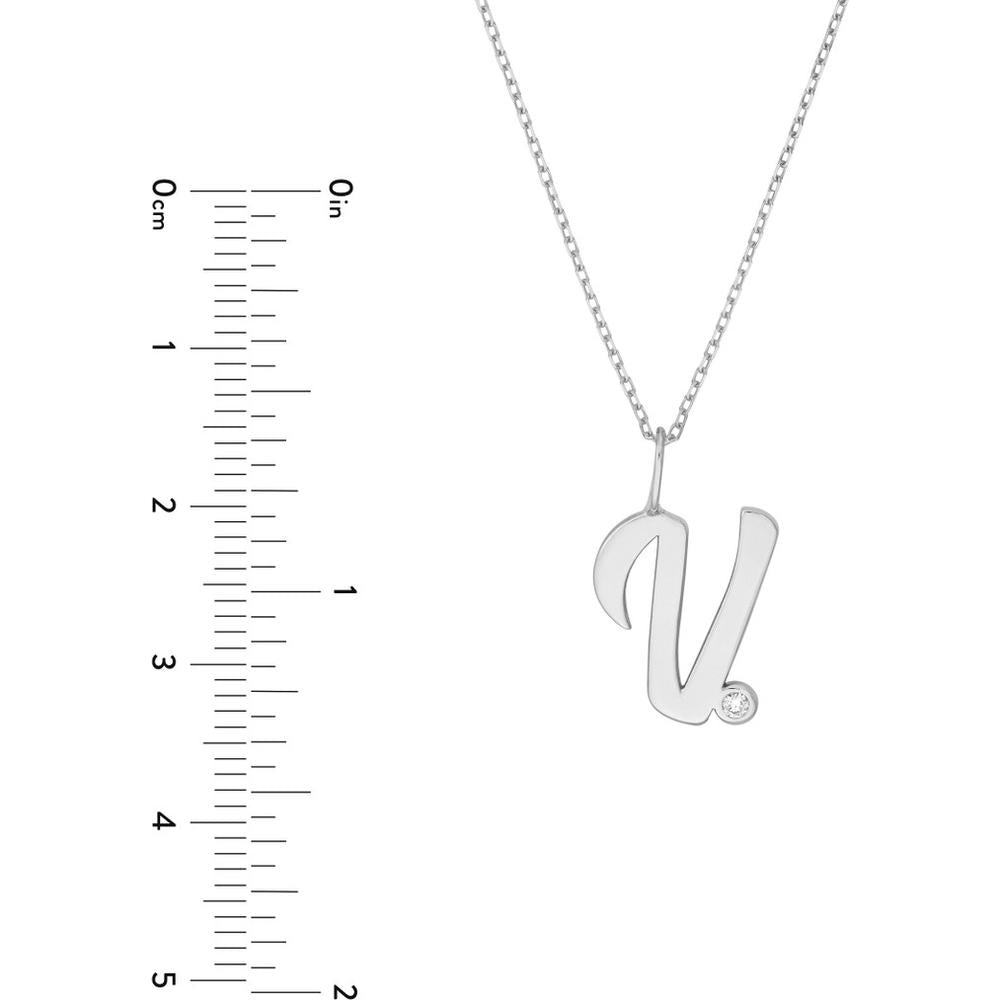 Olas d'Oro - 14K White Gold Script 'V' Necklace with Diamond Bezel - 0.02 Carat Total Diamond Weight