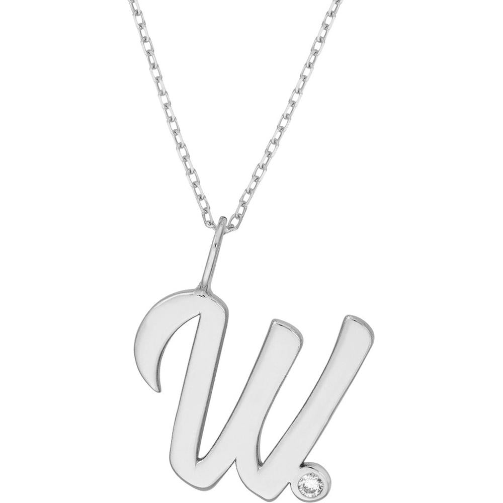 Olas d'Oro - 14K White Gold Script 'W' Pendant Necklace with Diamond Bezel - 0.02 Carat Diamond