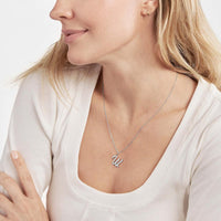 Olas d'Oro - 14K White Gold Script 'W' Pendant Necklace with Diamond Bezel - 0.02 Carat Diamond
