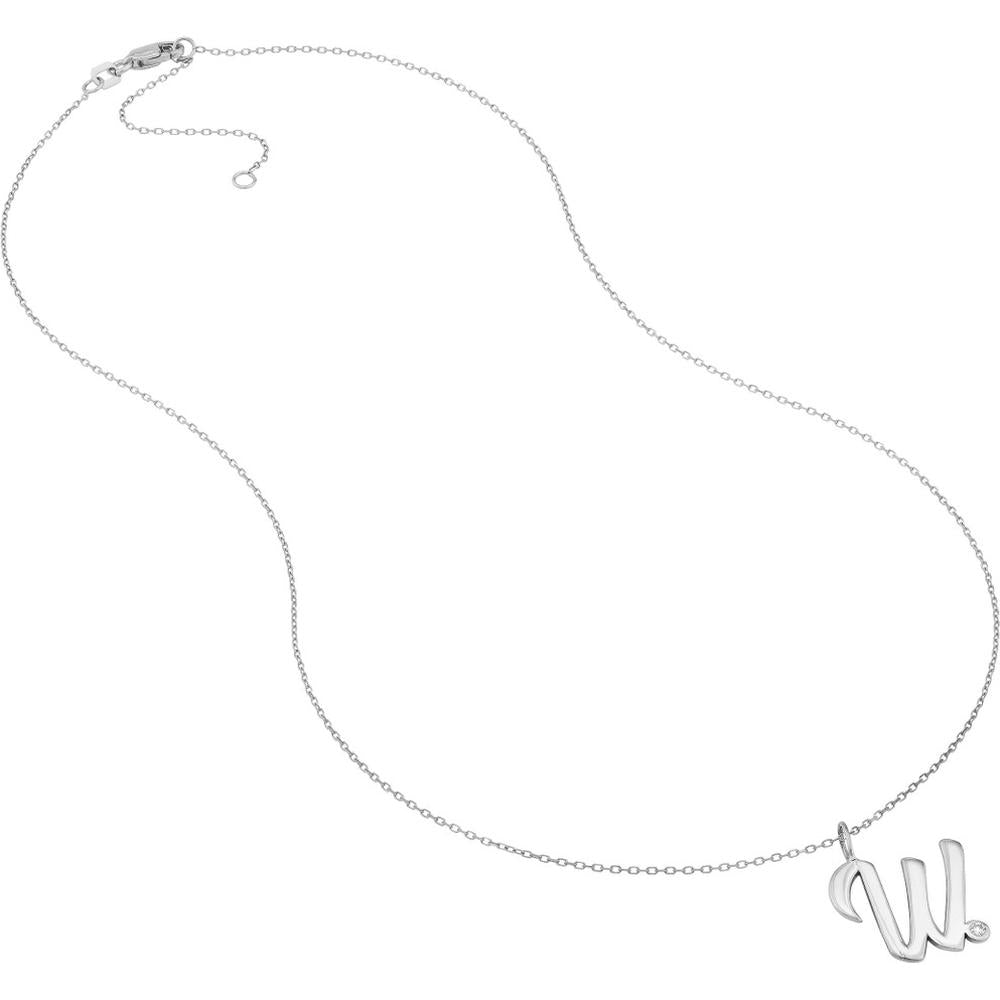 Olas d'Oro - 14K White Gold Script 'W' Pendant Necklace with Diamond Bezel - 0.02 Carat Diamond