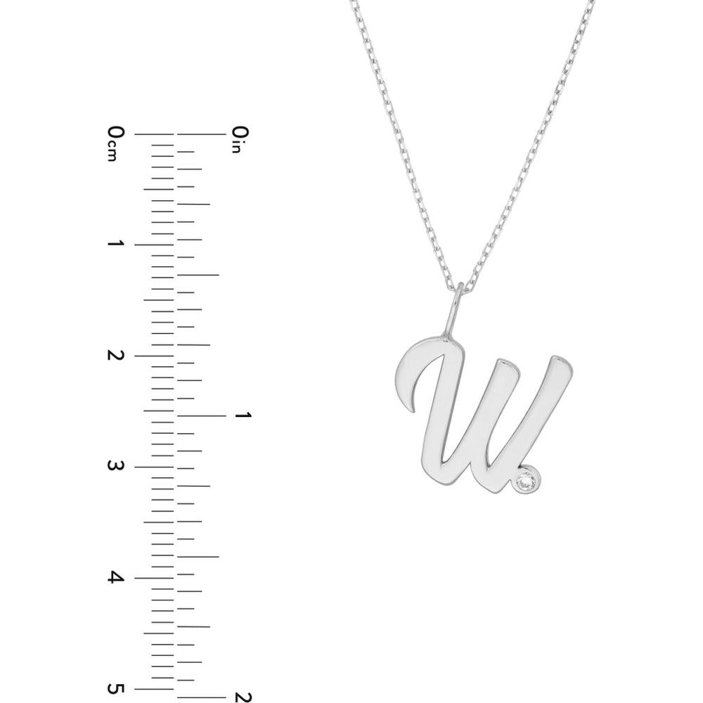 Olas d'Oro - 14K White Gold Script 'W' Pendant Necklace with Diamond Bezel - 0.02 Carat Diamond