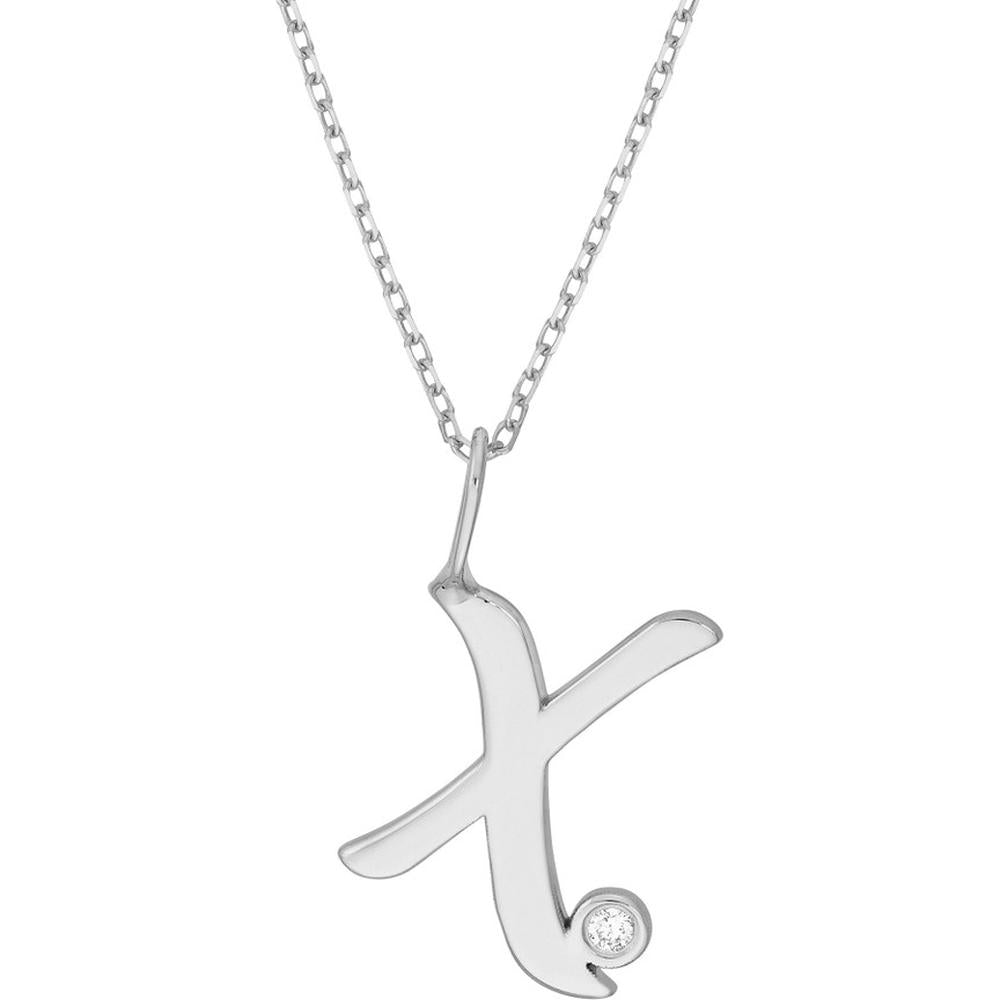 Olas d'Oro - 14K White Gold Script 'X' Diamond Bezel Pendant Necklace with Adjustable Chain - 0.02 Carat Total Diamond Weight