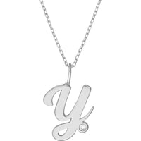 Olas d'Oro - 14K White Gold Script 'Y' Pendant Necklace with Bezel Set Diamond - 0.02 Carat Total Diamond Weight