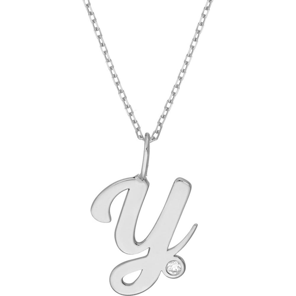 Olas d'Oro - 14K White Gold Script 'Y' Pendant Necklace with Bezel Set Diamond - 0.02 Carat Total Diamond Weight