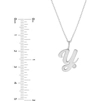 Olas d'Oro - 14K White Gold Script 'Y' Pendant Necklace with Bezel Set Diamond - 0.02 Carat Total Diamond Weight