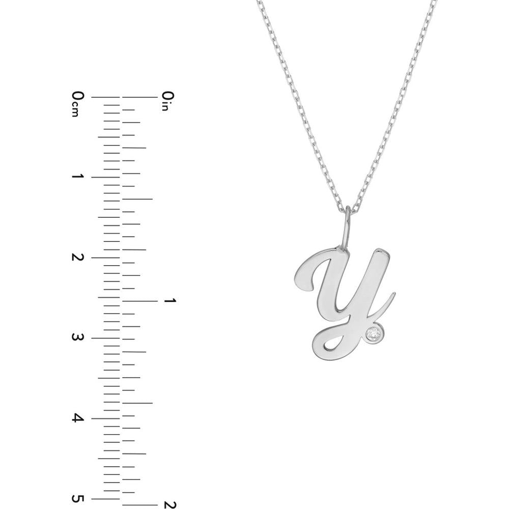Olas d'Oro - 14K White Gold Script 'Y' Pendant Necklace with Bezel Set Diamond - 0.02 Carat Total Diamond Weight