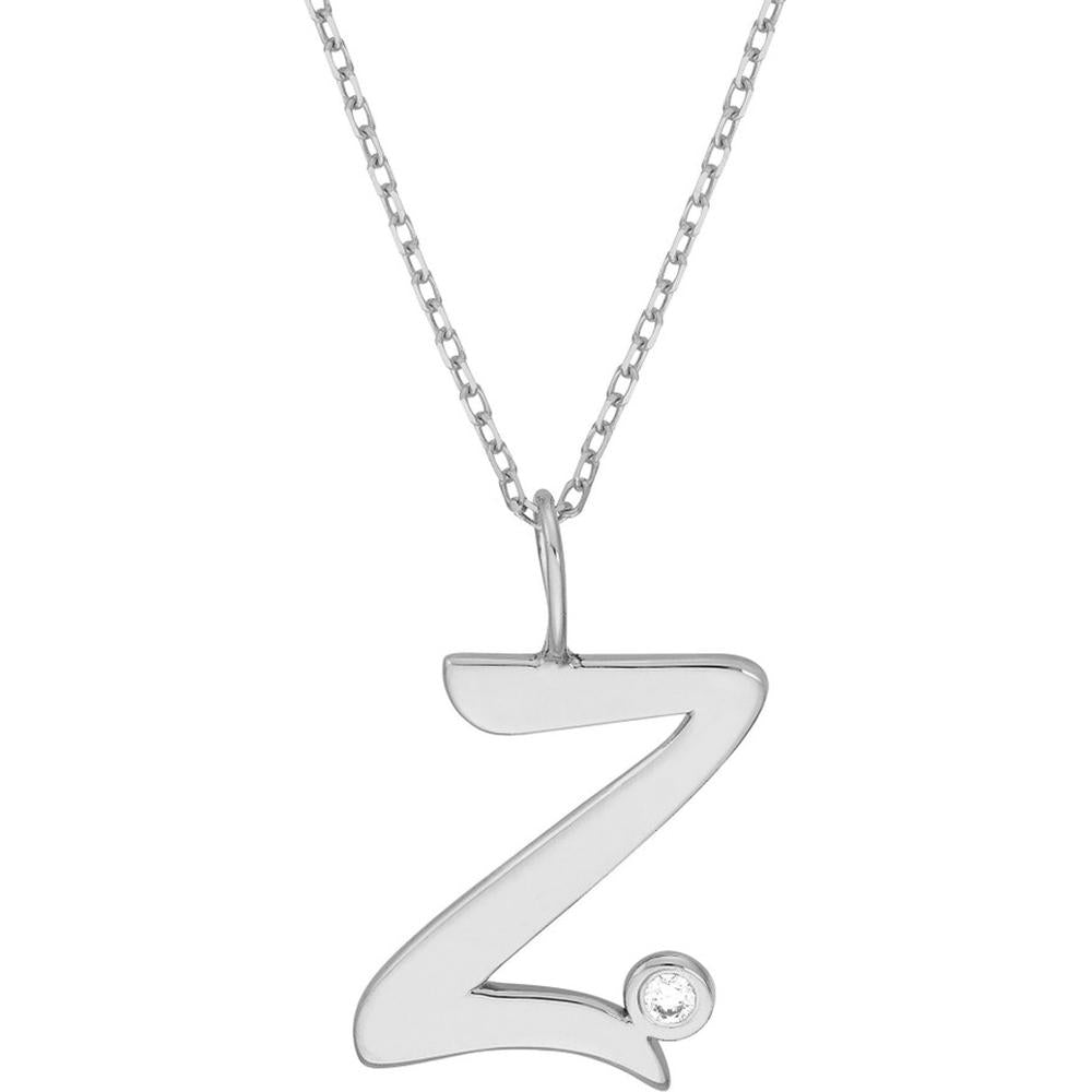Olas d'Oro - 14K White Gold Script 'Z' Pendant Necklace with 1.7mm Diamond Bezel - 0.02 Carat Total Diamond Weight