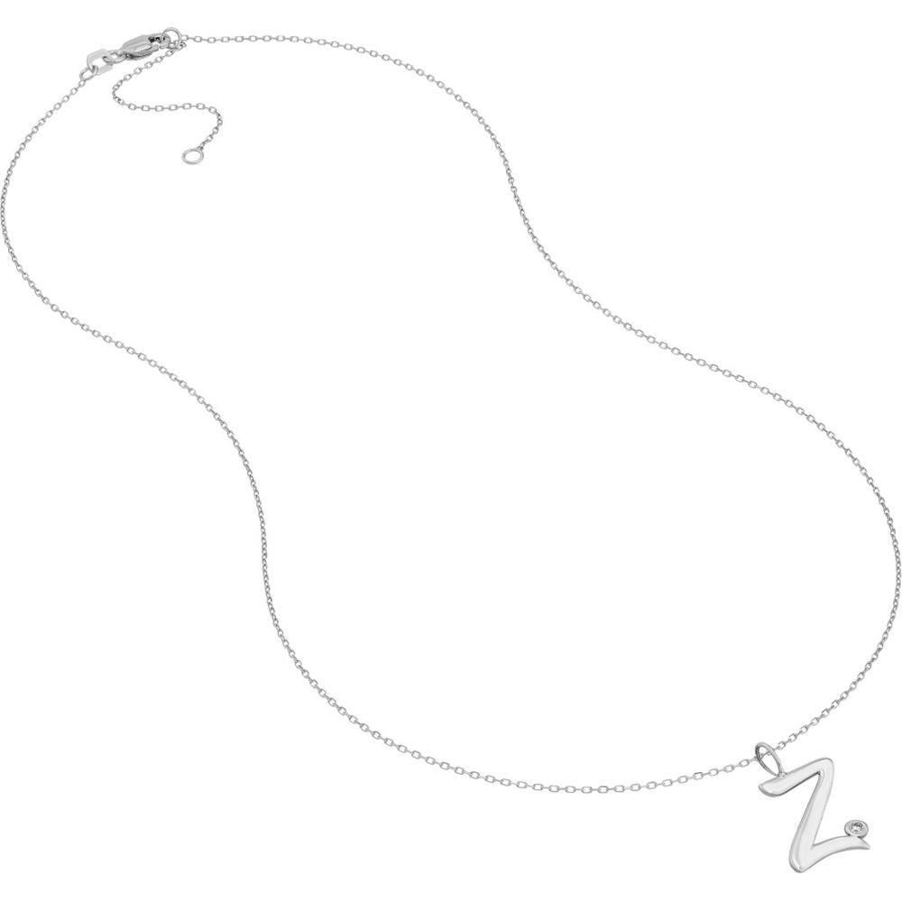 Olas d'Oro - 14K White Gold Script 'Z' Pendant Necklace with 1.7mm Diamond Bezel - 0.02 Carat Total Diamond Weight