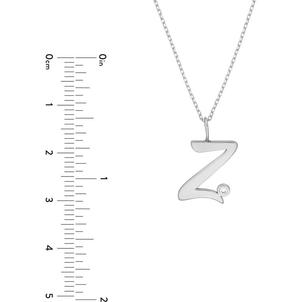 Olas d'Oro - 14K White Gold Script 'Z' Pendant Necklace with 1.7mm Diamond Bezel - 0.02 Carat Total Diamond Weight