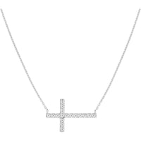 Olas d'Oro - 14K White Gold Sideways Cross Necklace with 1/5 Carat Diamond - Elegant Faith Jewelry