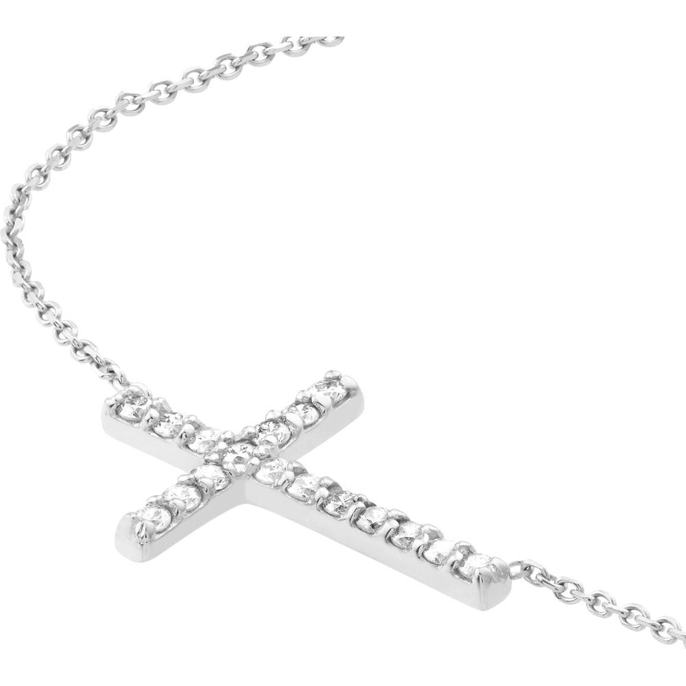 Olas d'Oro - 14K White Gold Sideways Cross Necklace with 1/5 Carat Diamond - Elegant Faith Jewelry