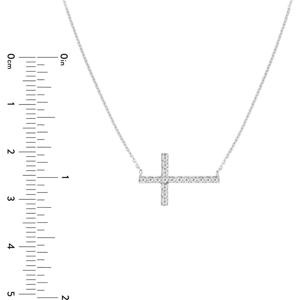 Olas d'Oro - 14K White Gold Sideways Cross Necklace with 1/5 Carat Diamond - Elegant Faith Jewelry
