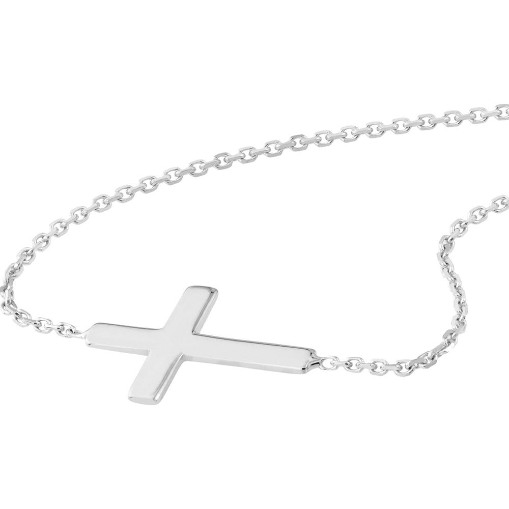Olas d'Oro - 14K White Gold Sideways Mini Cross Adjustable Bracelet - Faith Inspired Design in Rhodium, Yellow Gold, or Rose Gold Plated Finish