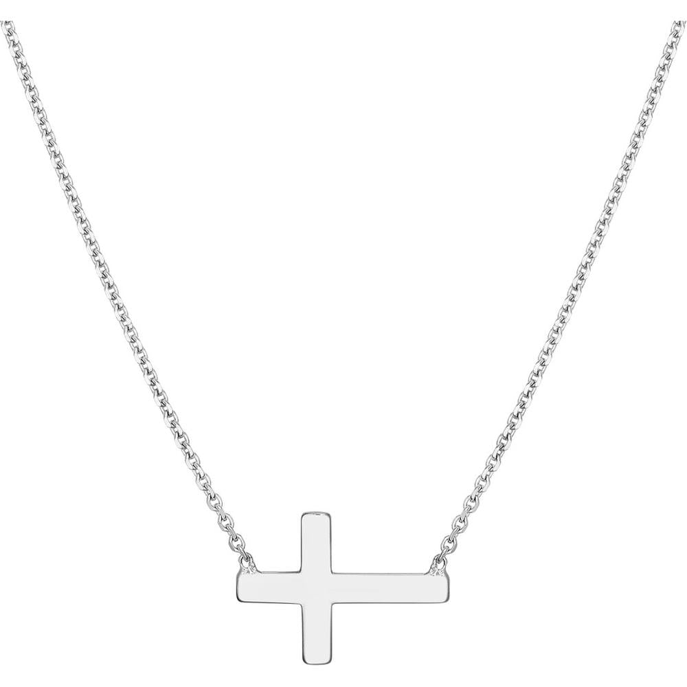 Olas d'Oro - 14K White Gold Sideways Mini Cross Adjustable Necklace - Faith-Inspired Pendant with Rhodium, Yellow Gold, or Rose Gold Plating