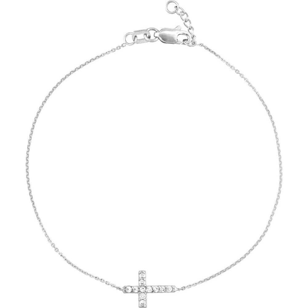 Olas d'Oro - 14K White Gold Sideways Mini CZ Cross Adjustable Bracelet with Lobster Clasp Closure