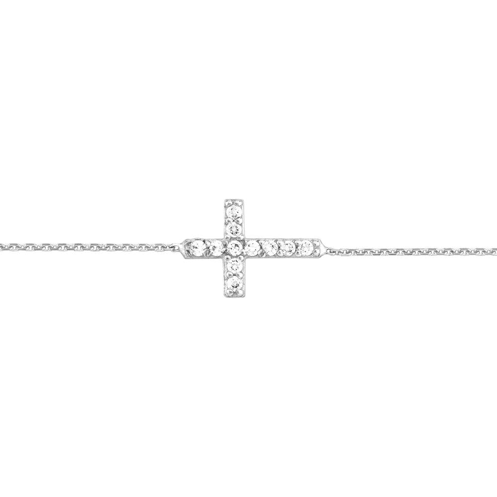 Olas d'Oro - 14K White Gold Sideways Mini CZ Cross Adjustable Bracelet with Lobster Clasp Closure