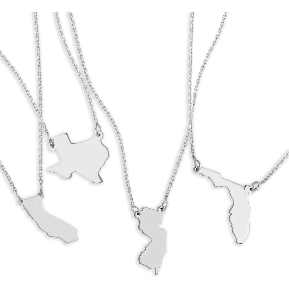 Olas d'Oro - 14K White Gold States Plain Map Necklace with Optional Diamond Bezel - Custom State Pendant