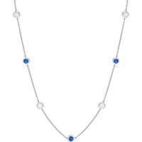 Olas d'Oro - 14K White Gold Station Necklace with Bezel Set Diamonds and Sapphires 0.44 Carat Total Diamond Weight, 0.75 Carat Total Sapphire Weight