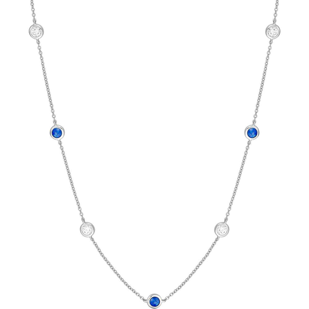 Olas d'Oro - 14K White Gold Station Necklace with Bezel Set Diamonds and Sapphires 0.44 Carat Total Diamond Weight, 0.75 Carat Total Sapphire Weight