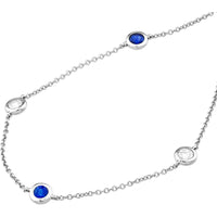 Olas d'Oro - 14K White Gold Station Necklace with Bezel Set Diamonds and Sapphires 0.44 Carat Total Diamond Weight, 0.75 Carat Total Sapphire Weight