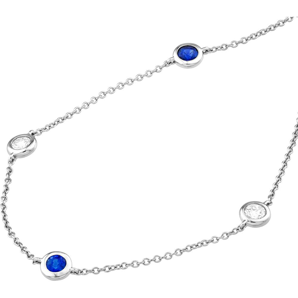 Olas d'Oro - 14K White Gold Station Necklace with Bezel Set Diamonds and Sapphires 0.44 Carat Total Diamond Weight, 0.75 Carat Total Sapphire Weight