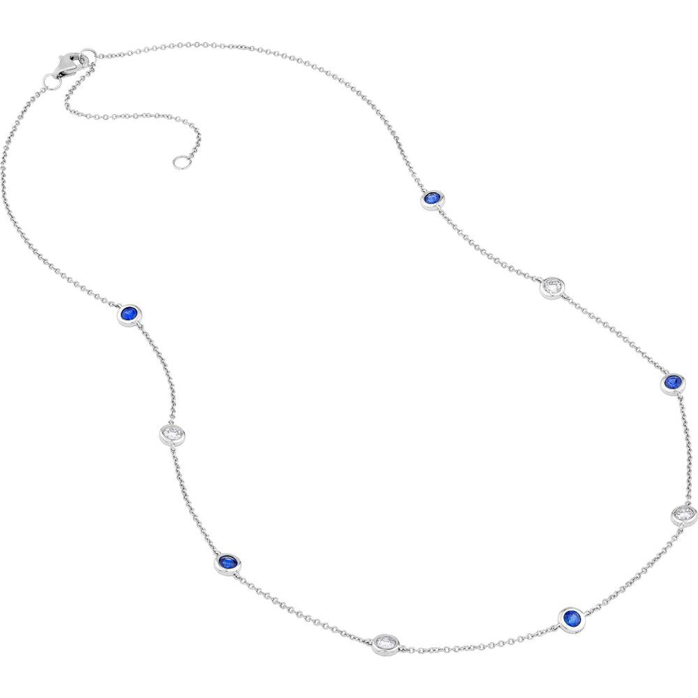 Olas d'Oro - 14K White Gold Station Necklace with Bezel Set Diamonds and Sapphires 0.44 Carat Total Diamond Weight, 0.75 Carat Total Sapphire Weight