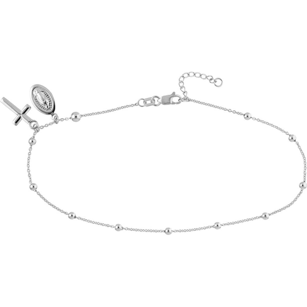 Olas d'Oro - 14K White Gold Virgin Mary and Cross Adjustable Anklet with Bead Accents