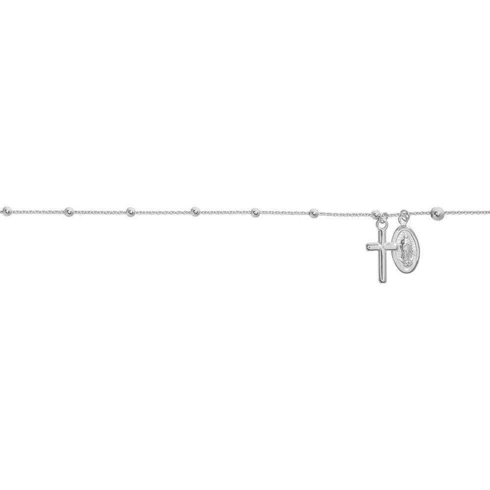 Olas d'Oro - 14K White Gold Virgin Mary and Cross Adjustable Anklet with Bead Accents