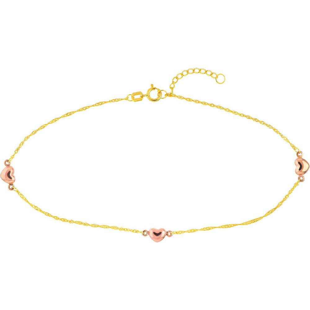 Olas d'Oro - 14K Yellow and Rose Gold Heart Trio Adjustable Anklet with Diamond-Cut Baby Curb Chain
