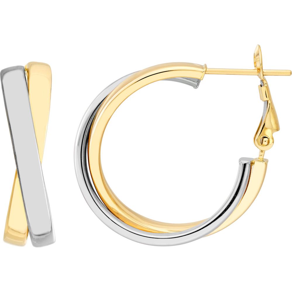 Olas d'Oro - 14K Yellow and White Gold Criss-Cross Omega Back Hoop Earrings - 3.7g Total Weight