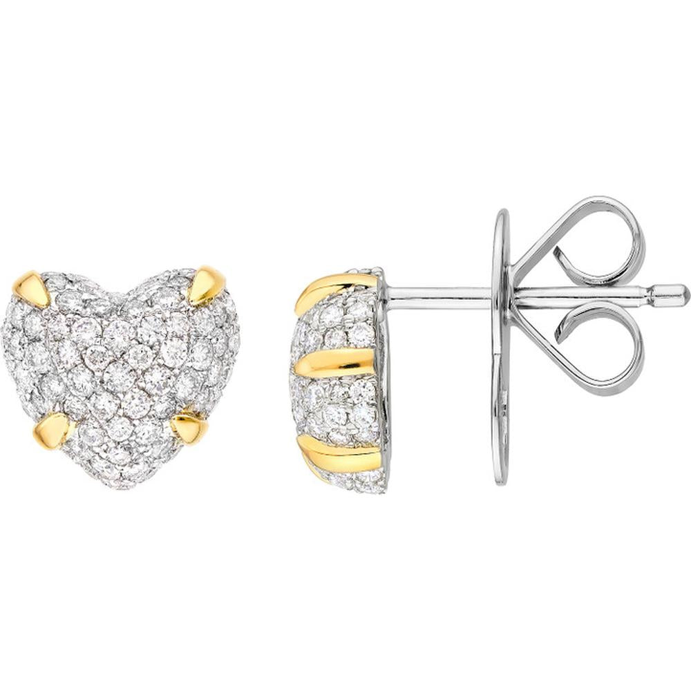 Olas d'Oro - 14K Yellow and White Gold Diamond Pave Heart Stud Earrings - 1/2 Carat Total Diamond Weight