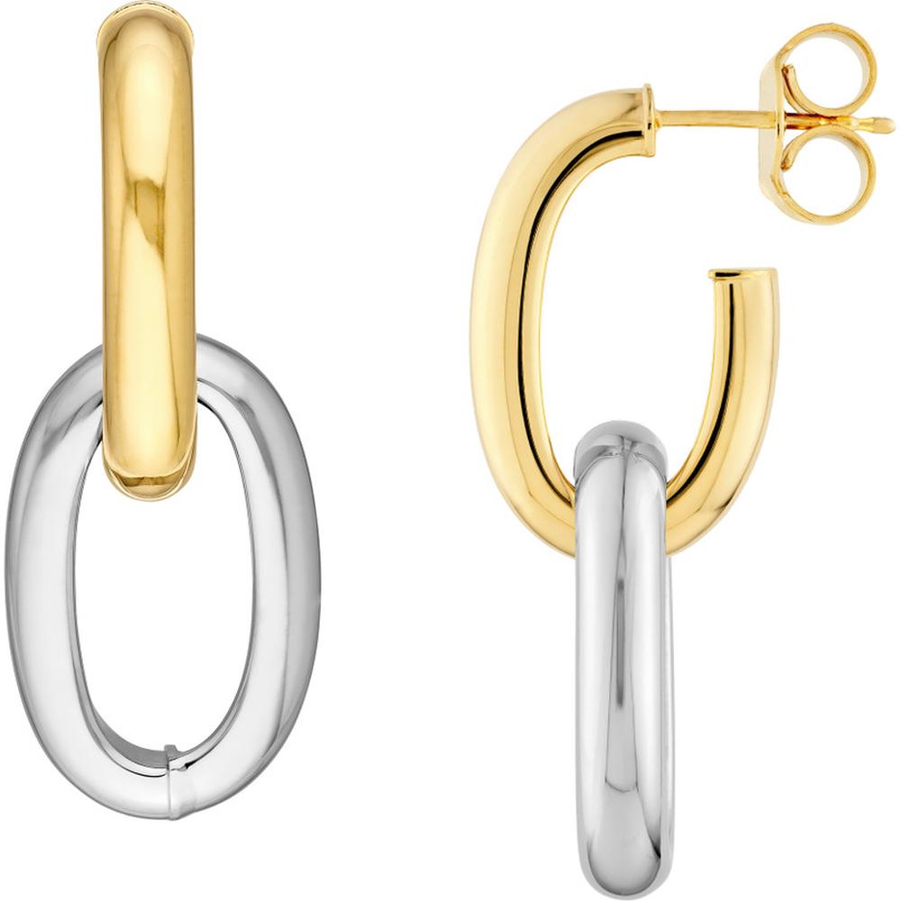 Olas d'Oro - 14K Yellow and White Gold Two-Tone Dangle Oval Hoop Earrings - 4.10g Total Weight