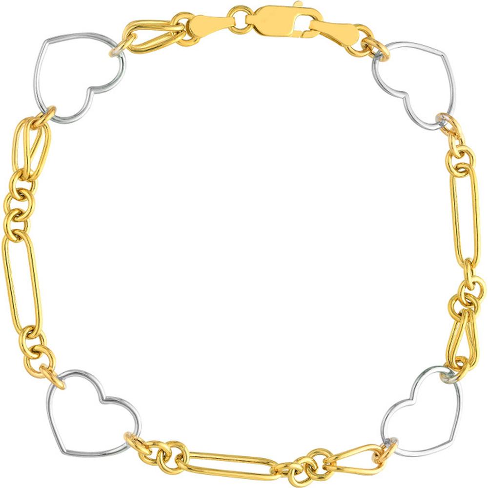 Olas d'Oro - 14K Yellow and White Gold Two-Tone Heart and Link Station Bracelet with Lobster Clasp - 3.13g Total Weight