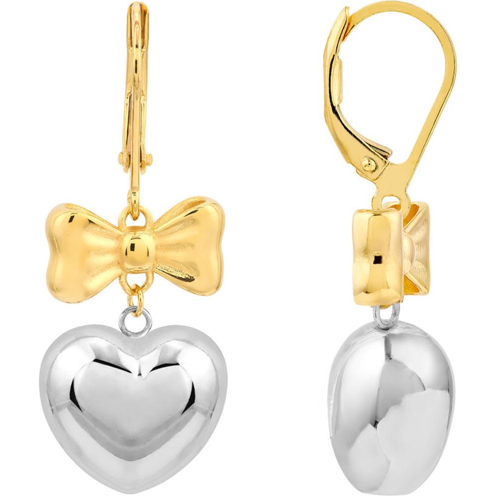 Olas d'Oro - 14K Yellow and White Gold Two-Tone Heart Bow Dangle Earrings with Lever Back Closure