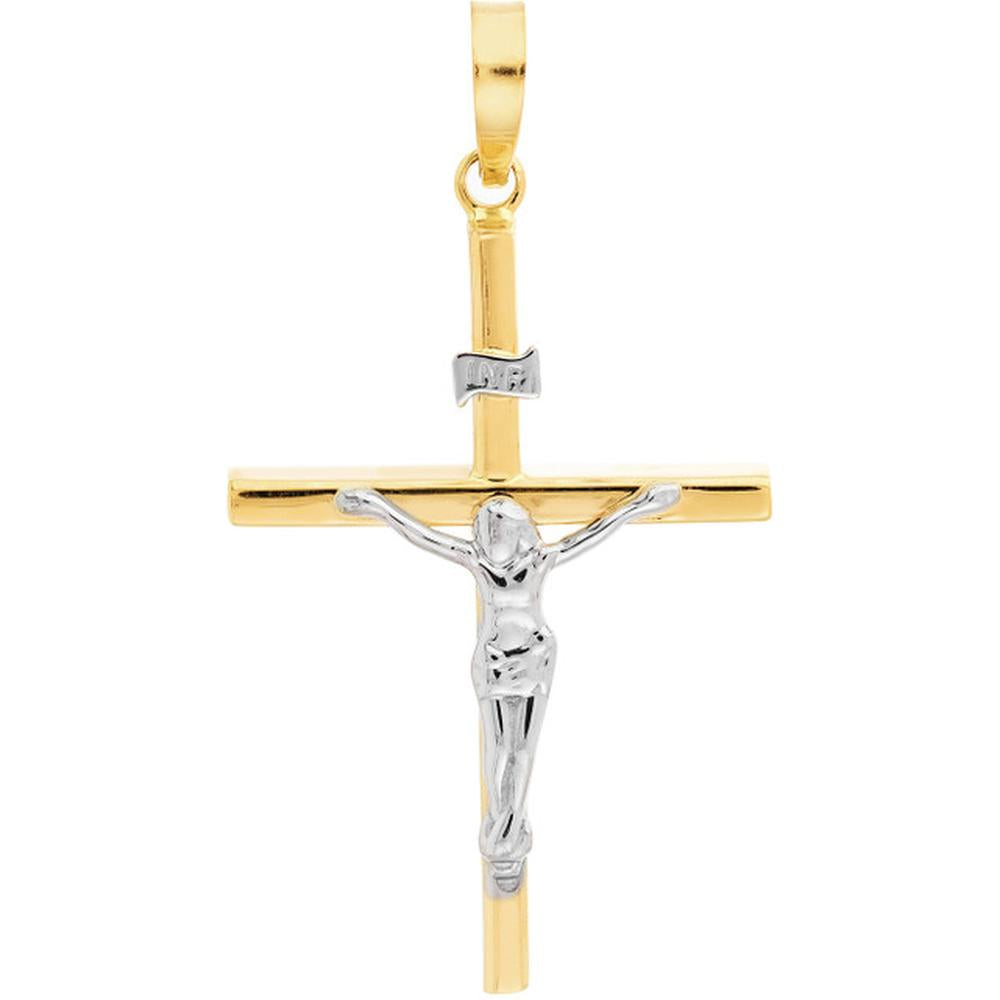 Olas d'Oro - 14K Yellow & White Gold Vertical Flat Tube Cross with Crucifix Pendant - 1.10g Total Weight